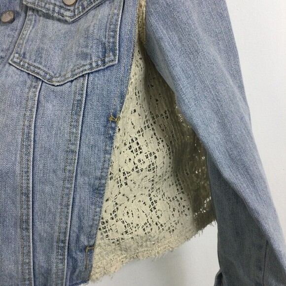 Free People Womens Lace Panel Denim Jacket Light Dungaree Blue Size Small - Picture 2 of 13